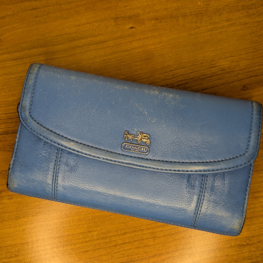 Coach Ashley Trifold Pleated Blue Leather Wallet with Checkbook Insert